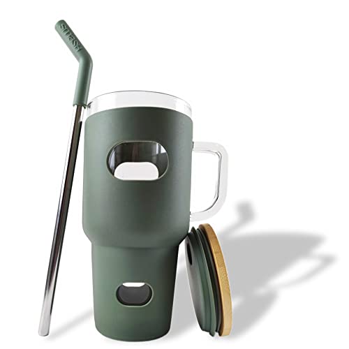 32Oz Glass Tumbler Water Bottle Cups With Bamboo Lid. Large Glass Tumber Water Cups With Handle And Stainless Steel Straw, Fits In Cupholder.bpa-Free Water Container. Nomore Platic/Metal Smell (A) #TOP6