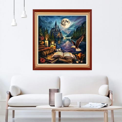 Image of Joyhoor Cross Stitch Kits for Beginners Stamped Cross-Stitch Supplies Needlework preprint Embroidery Kits for Adults DIY Needlepoint Kit Embroidery Patterns 11CT-Moon Night Castle Eagle 18x18 inch