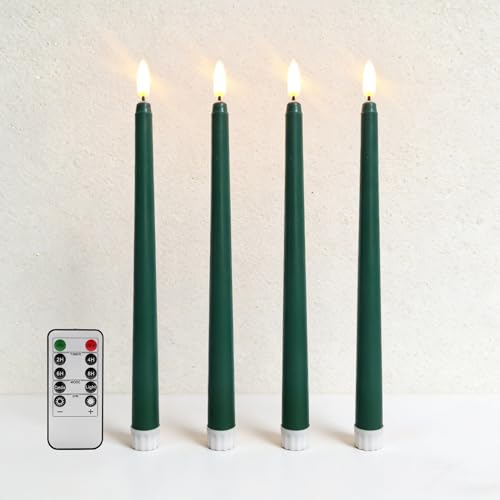 Image of Green Flameless Taper Candles with Remote, Flickering Battery LED Candlesticks Wedding Home Decor Set of 4