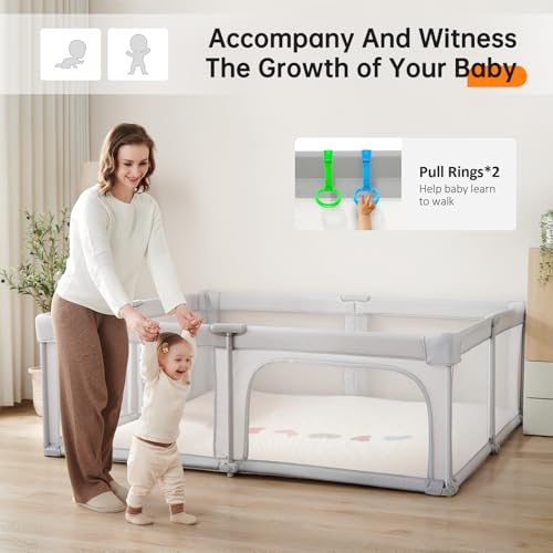 Image of Foldable Baby Playpen,Portable Indoor & Outdoor Playpen for Babies and Toddlers,59 inchx71 inchExtra Large Play Pen with Gate,Collapsible Baby Fence with Travel Bag(Light Grey)