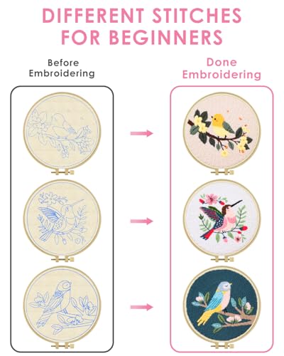Image of TINDTOP Punch Needle Kits, Panda Punch Embroidery Kits for Adults | 3 Sets, Tool with Punch Needle Fabric, Hoops, Yarns and Sewing Needles (Bird)