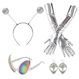 HTTDSLF 4 piezas de Traje Alienígena para Mujer, Accesorios Disfraz Alienígena, Incluye Pendientes, Gafas, Guantes y Tocado, para Fiestas de Disfraces Halloween