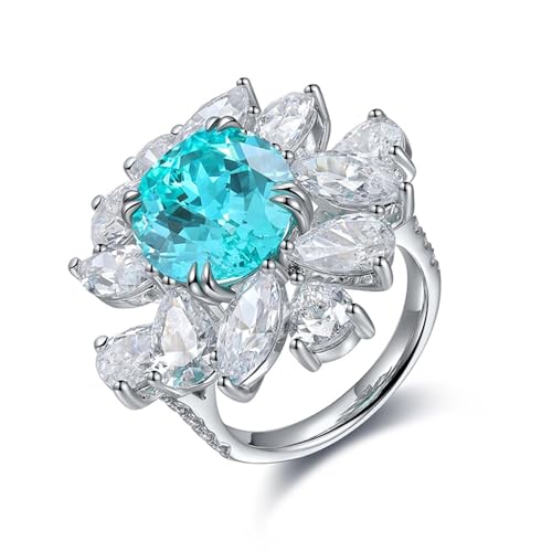 Anillos de plata de ley, anillos de plata para mujer, bonita flor con turmalina paraiba creada de 9,79 quilates, J 1/2, Plata de ley 925, Turmalina Paraiba creada