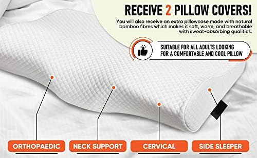 Homeworths Memory foam pillow, Side sleeper pillow, Orthopedic pillow, Cervical pillow for neck pain, Latex pillow, Neck pain relief pillow, neck pillow, Snore pillow,Extra bamboo pillow cover, White