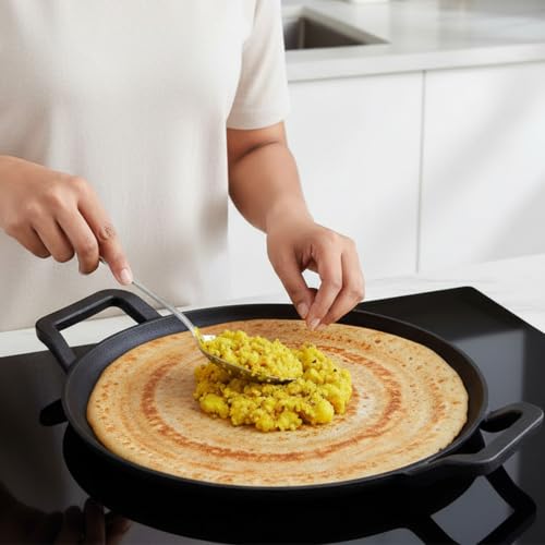 Image of HomeEssentials Round Non-Stick Cast Iron Tawa with Silicone Grip Handles | Non-Stick Cooking & Serving Pan for Dosa, Chapati, Roti, Pizza, Pancakes, Omelets and Daily Cooking