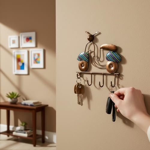 Image of Lamcy Plaza Wall Hanging Key Holder with Hooks | Durable & Lightweight Metal Key Chain Stand | Decorative Wall Mount Key Organizer for Office, Entrance & Home (Bike Design (Blue))