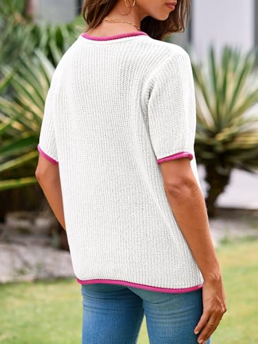 Image of Saodimallsu Womens Puff Short Sleeve Sweater Tops Spring Summer Color Block Ribbed Knit Crew Neck Going Out Shirts