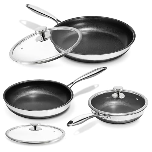KOKHUB Nonstick Frying Pans with Lids, 8', 10', 12' Titanium Ceramic Tri-Ply Stainless Steel Skillet Set, Non-Toxic, PFAS/PFOA/PTFE Free, Dishwasher & Oven Safe, Induction Compatible
