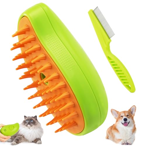 Adiwo Cepillo de Vapor para Gatos y Perros, 3 En 1 Cepillo Vapor Mascotas Eléctrico Peine De Masaje, Peine Eléctrico De Masaje, Depilación Para Mascotas Para Eliminar el Enredado（Verde)