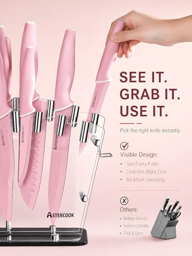 Image of Astercook Knife Set with Clear Block and Sharpener 22Pcs Pink | Dishwasher Safe, Space-Saving Clear Knife Block, for Everyday Home Cooking