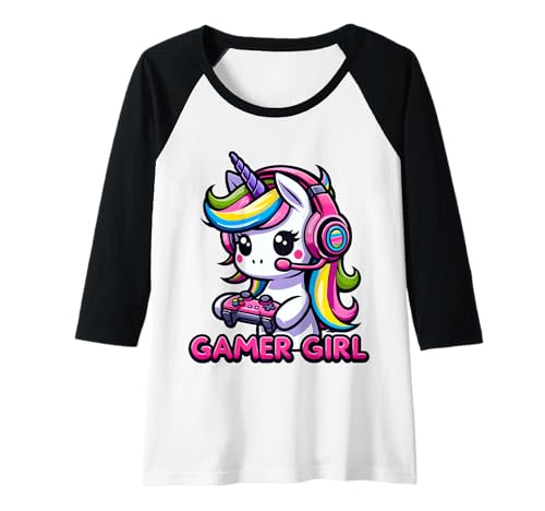 Mujer Gamer Girl Lindo Unicornio Videojuegos Juegos Mujeres Adolescentes Chicas Camiseta Manga Raglan