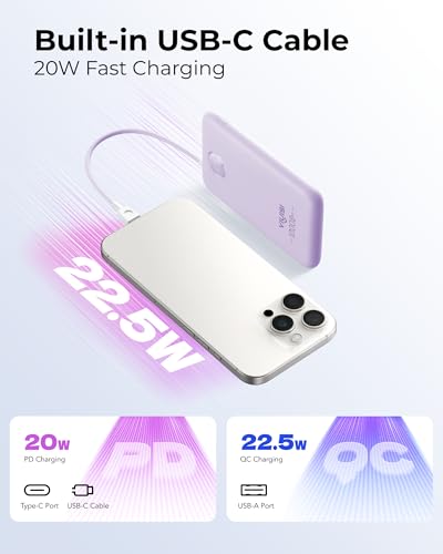 Image of VIYISI Slim Portable Charger Power Bank 10000mAh, Stylish PD 20W Fast Charging Compact Battery Pack with Built-in USB C Cable, Travel Essential for iPhone 17 16 15, Samsung, Android - Purple