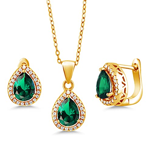 Gem Stone King Teardrop Pendant Earrings Set, Nano Emerald, Yellow Gold