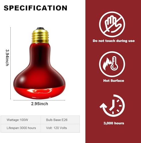 MIXJOY Infrared Heat Lamp Bulbs, 2 Pack 100W Reptile Red Heat Lamp Bulbs Infrared Basking Light Bulbs for Reptiles, Bearded Dragon, Lizard, Tortoise, Chickens, Pets — view 5