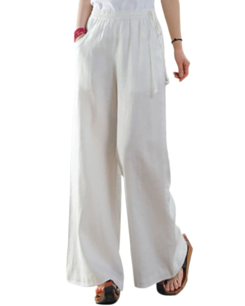 Les umes Womens Casual Wide Leg Linen Pants High Waist Drawsting Loose Palazzo Pants Beach Trousers White M