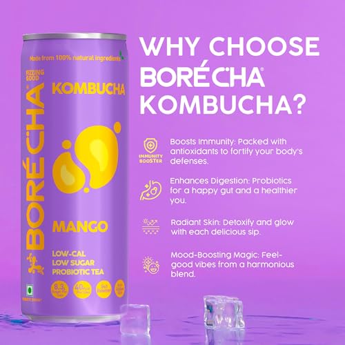 Borécha Kombucha Mango Low Calorie Prebiotic Tea | Organic Low Sugar Energizing Natural Kombucha Drink | Non Alcoholic Vegan and Gluten Free Refreshing Beverage | 330ml (Pack of 4)