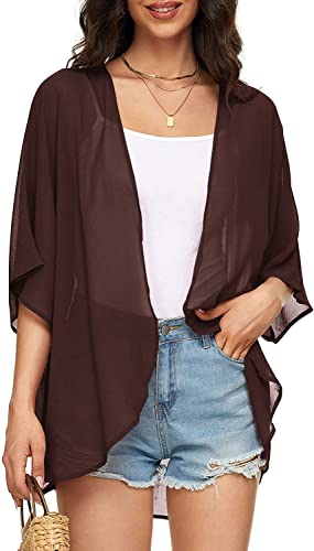 Image of Indian Trendy Women's Solid Puff Sleeve Kimono Cardigan Loose Cover Up Casual Blouse Top Chiffon