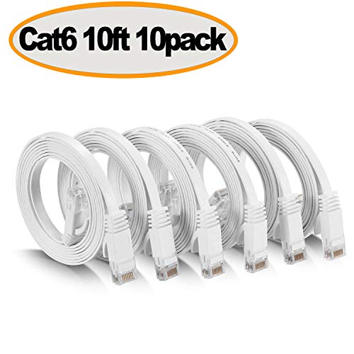 Cat 6 Ethernet Cable - Flat Internet Network Cable - Cat6 Ethernet Patch Cable Short - Cat 6 Computer LAN Cable with Snagless RJ45 Connectors (10ft-10Pack-White) Cat 6 Ethernet Cable - Flat Internet Network Cable - Cat6 Ethernet Patch Cable Short - Cat 6 Computer LAN Cable with Snagless RJ45 Connectors (10ft-10Pack-White)