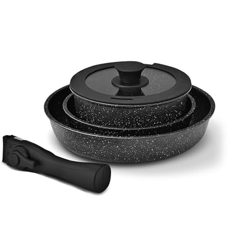 Juego de sartenes extraíbles, 5 piezas, cacerola y sartenes con mango extraíble con revestimiento antiadherente, fácil manejo y limpieza para tipos de cocina