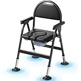 Commode Toilet Chair, Height Adjust Bedside Shower Chair, Folding WC Chair for Elderly, Portable & Lightweight Commodes Seat Frame with Padded Seat and Non-Slip Stable Leg