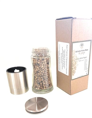 Poivre de Penja Blanc en Grain IGP proposé dans un Moulin au Design Elégant de Belle Qualité. Quantité de poivre par unité : 70ml... Un Beau Moulin pour un Poivre Prestigieux!