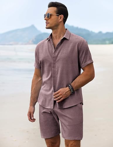 COOFANDY Men's Summer Beach Outfits 2 Piece Short Sleeve Shirts and Shorts Vacation Texture Linen Sets for Men