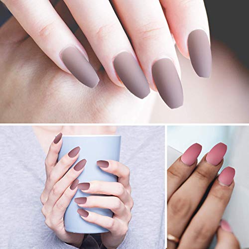 72 Pcs (3 Packs) Coffin Matte Press on Nails, Ballerina Professional Nail Art Tips Set, Medium False Nails, DIY Acrylic Fake Nails with Nail Adhesive Tabs for Women(Rose, Camel & Dark Red)