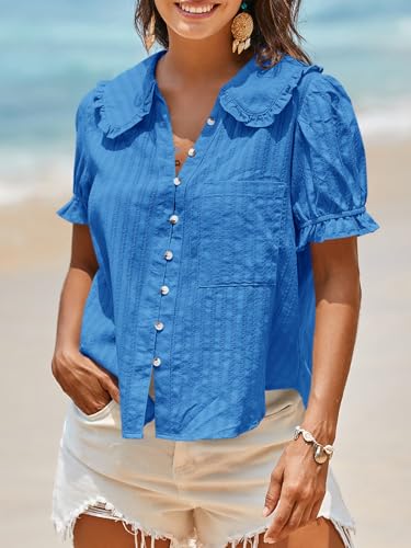 Image of Tankaneo Womens Puff Sleeve Shirts Peter Pan Collar Button Down Cotton Blouse Casual Summer Textured Tops