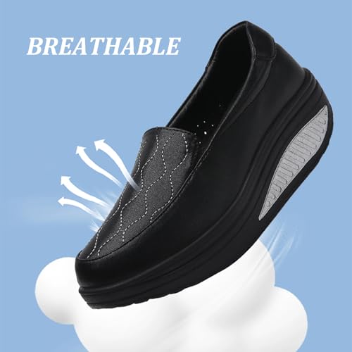 Image of Women's Leather Platform Slip On Nurse Loafers Comfortable Lightweight Wedge Orthotic Sneakers Casual Rocker Shoes