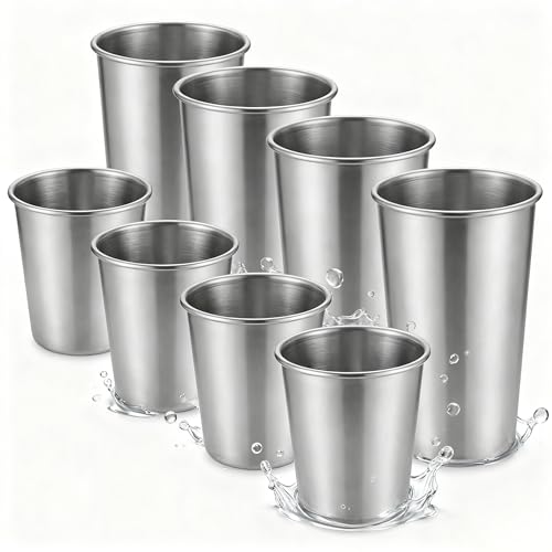 Stainless Steel Cups & Pint Tumblers Set of 8 - 4 Pack 8 oz + 4 Pack 16 oz Stackable, BPA Free Unbreakable 304 Metal Drinking Glasses for Children & Adults, Indoor Outdoor Picnic Travel Camping