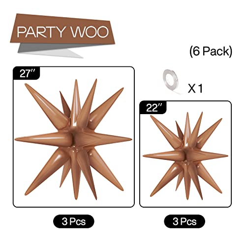 Image of Brown Star Balloons by PartyWoo: 6-Pack, 14-Pointed Starburst, 27 & 22 Inch, Ribbon, Foil, Party Decor