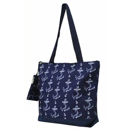 NGIL Medium Top Zipper Closure Canvas Tote Bag with Attached Matching Coin Purse For Moms and Nurses (Vintage Anchor-Navy)