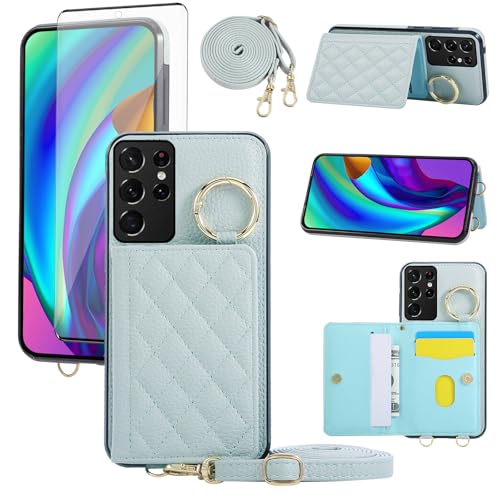 Asuwish Phone Case Samsung Galaxy S21 Ultra 5G Wallet Cover and Tempered Glass Screen Protector Crossbody Shoulder Strap Ring Buckle Stand Card Holder for S21ultra 21S S 21 21ultra G5 Women Men Blue
