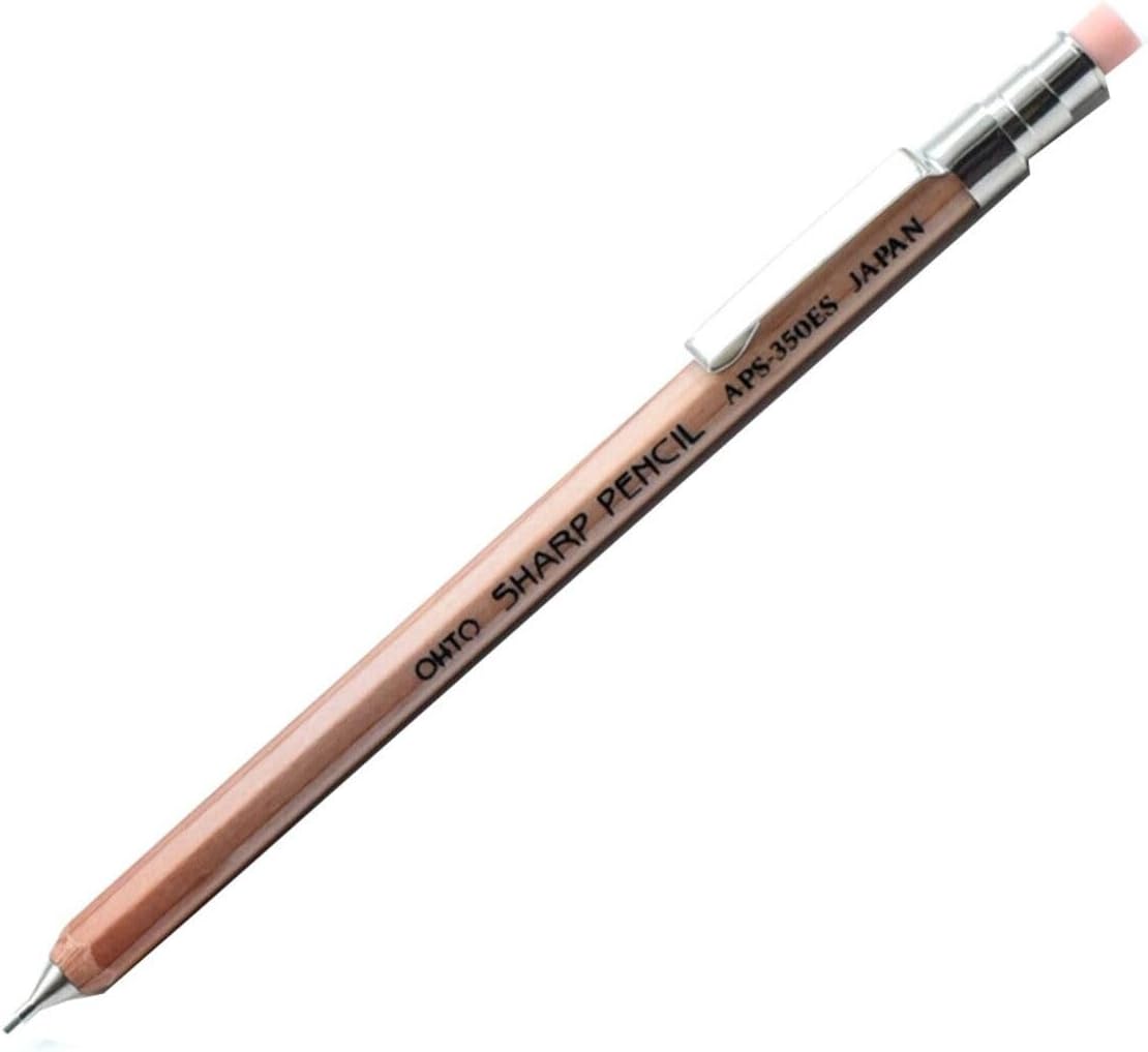 OHTOMechanical Wood Pencil Type Mini Sharp with Eraser & Clip 0.5mm, Natural Color Body (APS-350ES-Natural)