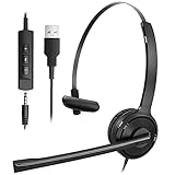 USB Headset with Noise Cancelling Microphone, Single-Sided Computer Headphone with in-line Control, 270 Degree Boom Mic, Wired Lightweight 3.5mm Cell Phone Headset for Conference Call, Laptop