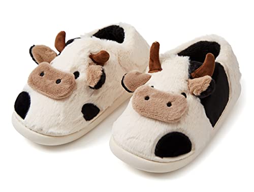 Cute Cow Animal Slippers Women Kawaii Winter Fuzzy Fluffy Cartoon House Slippers Soft Comfy Warm Anti-Slip Home Slipper