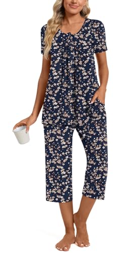 Image of Womens Summer Pajama Sets 2 Piece Short Sleeve Top and Capri Pants Plus Size Ladies Lounge Pjs Sets with Pockets