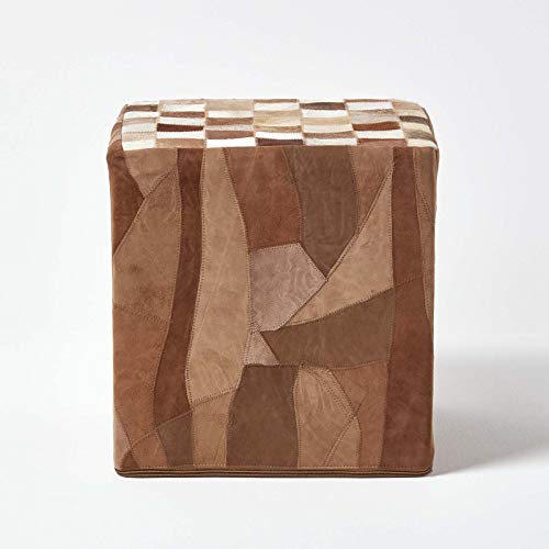HOMESCAPES Brown Cube Check Leather Suede Pouffe - 36 x 36 x 38 cm