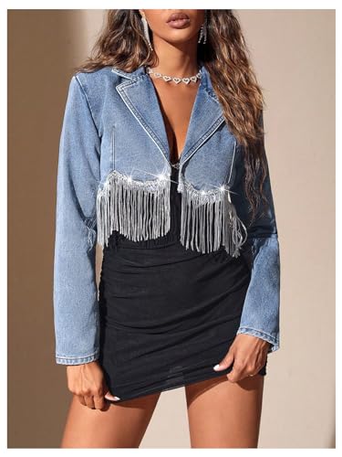 WDIRARA Women's Fringe Trim Trendy Crop Denim Jacket Lapel Neck Long Sleeve Outerwear Coats2