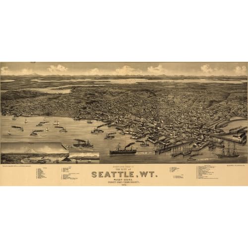 Wisdom Heart 1884 Seattle Bird’s Eye View Featuring Puget Sound Waterfront in Warm Sepia - 24 x 36 inches