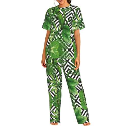 Pyjama femme avec imprimé palmier exotique ensemble fluide haut court pantalon