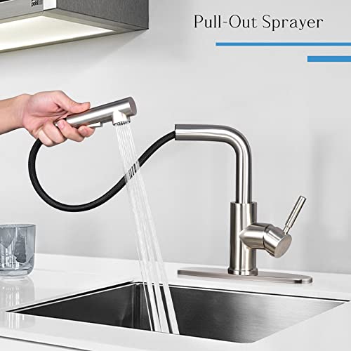 Peppermint UT16XZ Kitchen Faucets With Pull Down Sprayer Brushed Nickel Faucet For Kitchen Sink Single Lever 3 Hole Kitchen Sink Faucet With Sprayer Short Low Arc Faucet thumb #1