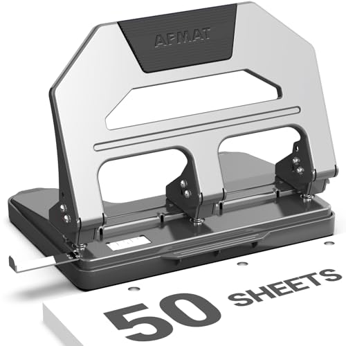 Image of AFMAT Heavy Duty 3 Hole Puncher, 50-Sheet Paper Punch Heavy Duty, 50% Reduced Effort Three Hole Punch, 10K+ Uses, Metal Hole Puncher 3 Ring w /Large Tray, Bulit-in S.S. Paper Guide HPX4(Gray)