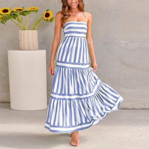 Image of Yuemengxuan Boho Maxi Dresses for Women Spaghetti Strap Flowy Smocked Long Dress Casual Summer Vacation Beach Maxi Dress
