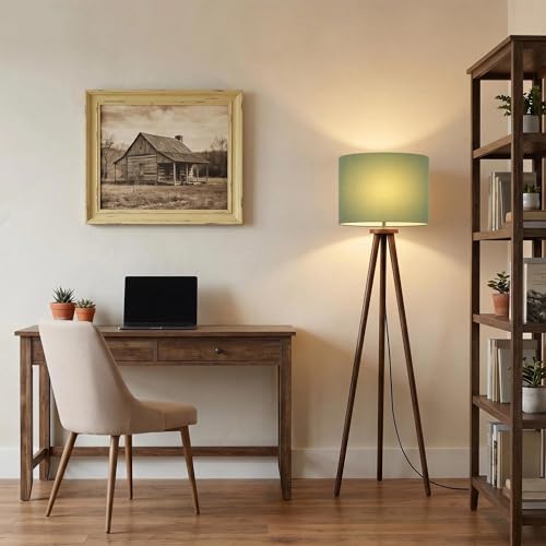 Buruis 60.6 Inch Walnut Wood Tripod Floor Lamp with Linen Drum Shade, Green by Buruis - Used condition - Image 8