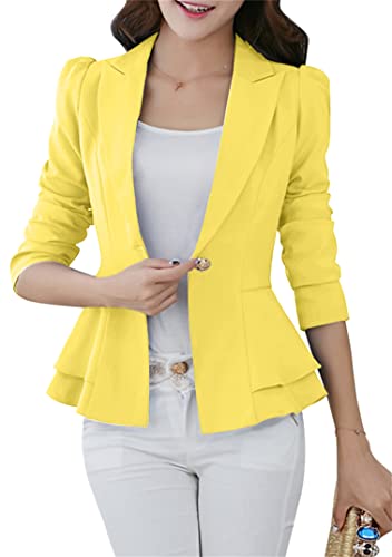EFOFEI Femmes Open Front Work Loose Blazer Lantern Sleeve Suit Manches Longues Ruffle Hem Lapel Jacket Casual Suit Jaune XL