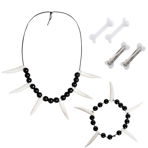 Jmkcoz 6 Pcs Halloween Caveman Costume Accessories Set Cave Jungle Tooth Bone Necklace Bracelet Hair Clips for Women Men Cosplay