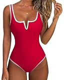 SUUKSESS Women Sexy Tummy Control One Piece Swimsuits Color Block High Cut V Wired Bathing Suits Backless Swimwear 2025(Red,Medium)