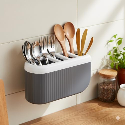 Image of ABS Plastic Multi Section Wall Mounted Self Draining Kitchen Organizer - Spoon,Knife,Fork,Chopstick, Cutlery Holder, Spoon Holder for Kitchen,Dining Table (4 Sections)