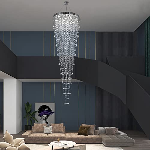 Apbeam Contemporary Crystal Raindrop Staircase Chandelier, Pendant Lighting Suspension Light Fixtures For Staircase High Ceiling Lobby Foyer Entryway 32"W X 96"H #TOP6